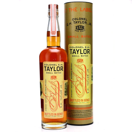 Colonel E.H. Taylor Jr. Small Batch Bottled in Bond Bourbon Whiskey 750ml bottle beside its printed gift tube