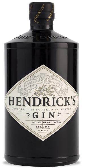 Hendrick's Gin in a dark apothecary-style rounded glass bottle with a black cap and an ornate cream diamond-shaped label reading Hendrick's Gin, distilled and bottled in Scotland