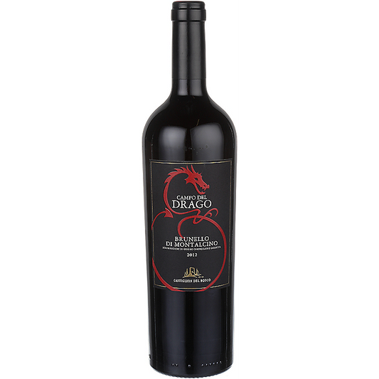 Castiglion del Bosco Brunello di Montalcino Campo del Drago 2019 in a dark Bordeaux wine bottle with a black label featuring a red dragon illustration and gold crest