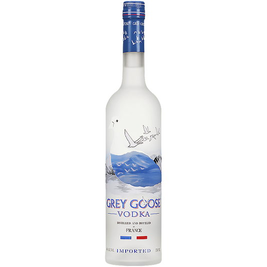 Grey Goose Vodka Original in a tall frosted clear glass bottle with a blue cap and blue label featuring flying geese over a mountain river scene and GREY GOOSE VODKA lettering, distilled and bottled in France