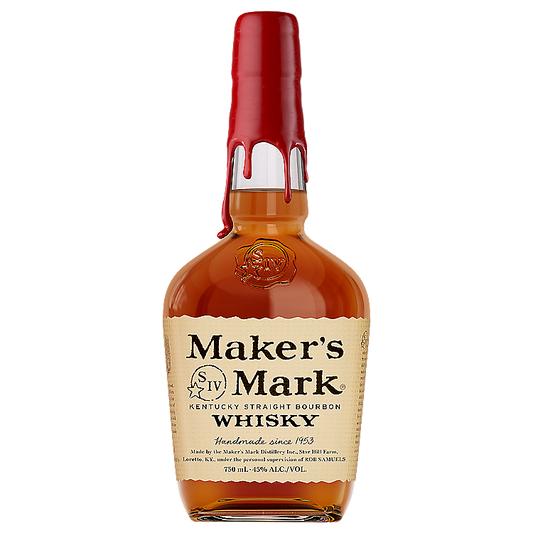 Maker's Mark Kentucky Straight Bourbon Whisky in a squarish clear glass bottle of amber bourbon sealed with the brand's signature dripping red wax cap and a cream label in black script