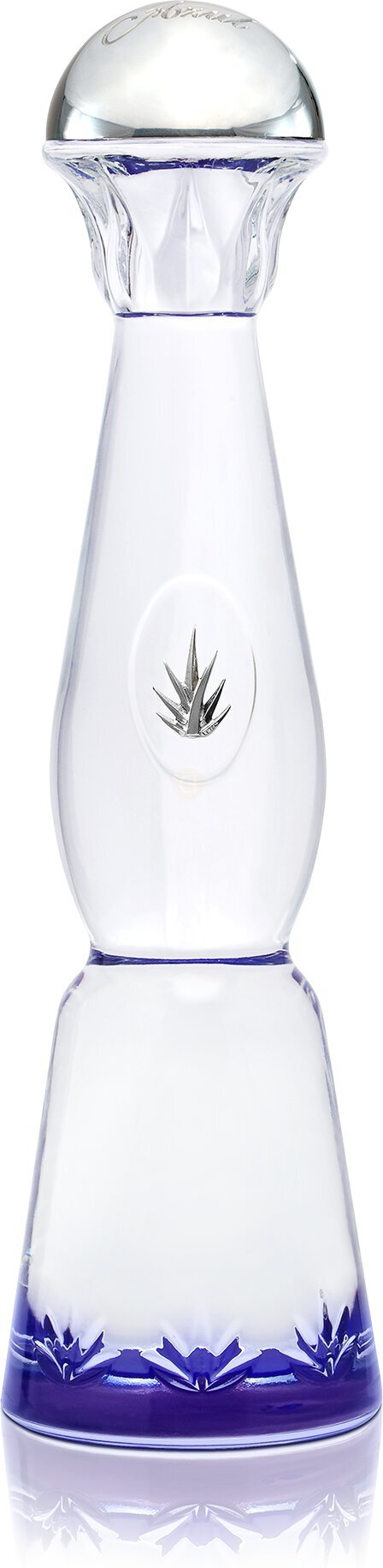 Clase Azul Plata silver tequila in a tall clear glass decanter with a domed lily-shaped stopper, an agave emblem at the center and hand-painted cobalt-blue detailing near the base