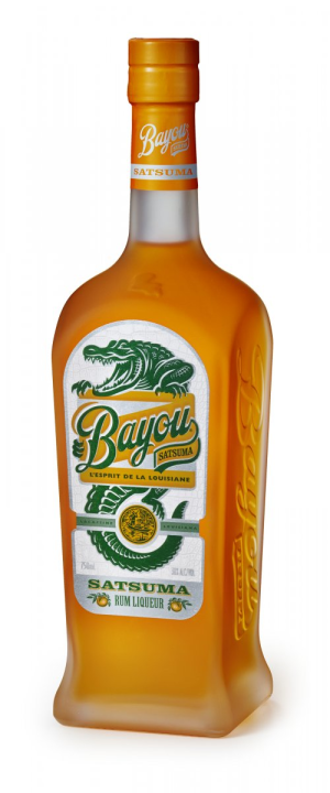 Bottle of golden-orange Bayou Satsuma Rum Liqueur from Louisiana, with a white and green label featuring an alligator illustration and the green Bayou script