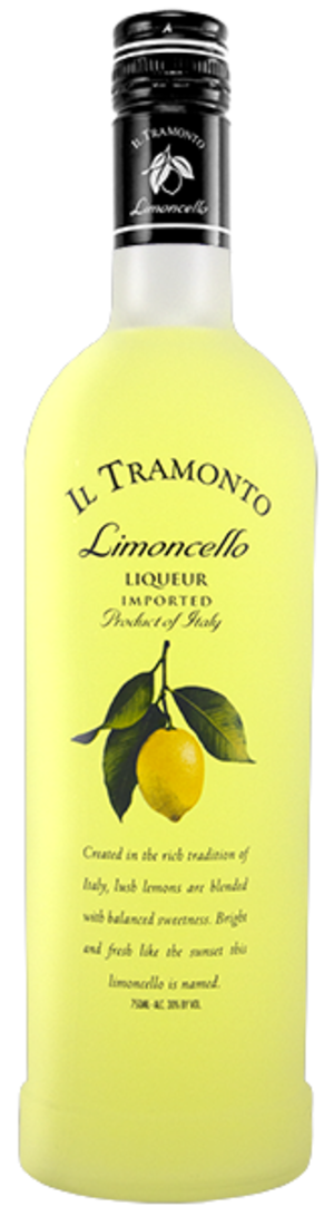 Tall bottle of bright yellow Il Tramonto Limoncello Liqueur imported from Italy, with a black cap and a cream label featuring a lemon-and-leaves illustration