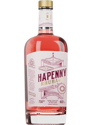 Ha'Penny Rhubarb Gin in a clear 750ml bottle showing pink rhubarb-infused gin, a gold cap and a white label with red 'Ha'Penny Rhubarb' lettering