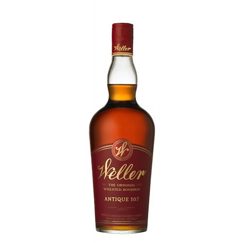 Old Weller Antique 107 Wheated Bourbon in a clear 750ml bottle of amber bourbon with a deep red label and gold cursive Weller lettering reading The Original Wheated Bourbon Antique 107